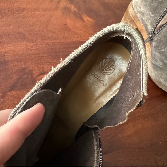 SOLD ❌ Coclico Anthropologie Tan Suede Wood Platform Ankle Bootie Zip 3.5” 6.5 - Picture 7 of 7
